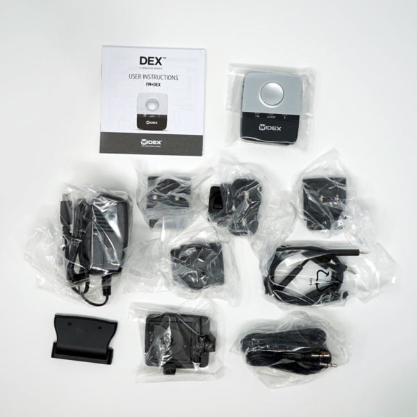 DM Dex collection of parts that come with the product on white background