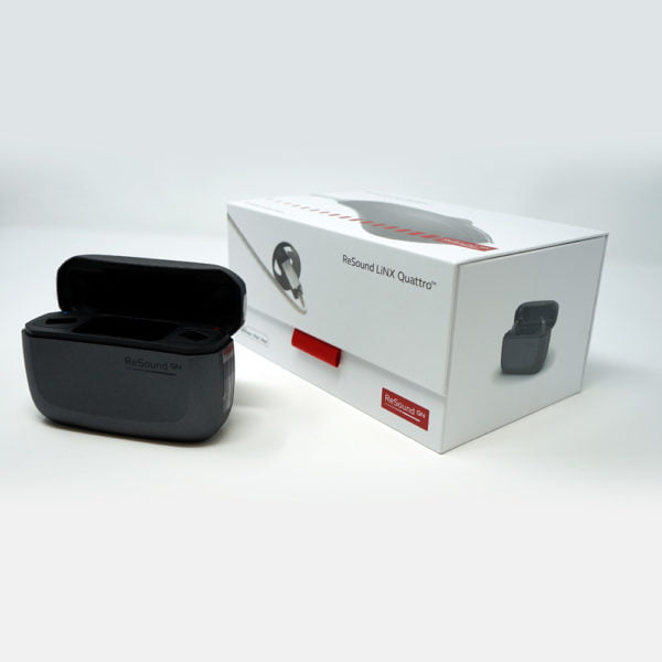 Linx Quattro Charging Case for hearing aids on white background